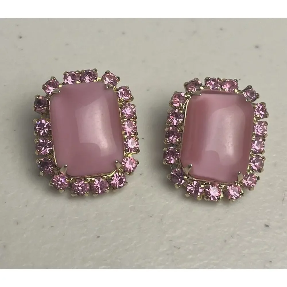 Pink Moonstone Art Glass Rhinestones Clip On Earrings 50s 60s MCM Mod Gold Tone